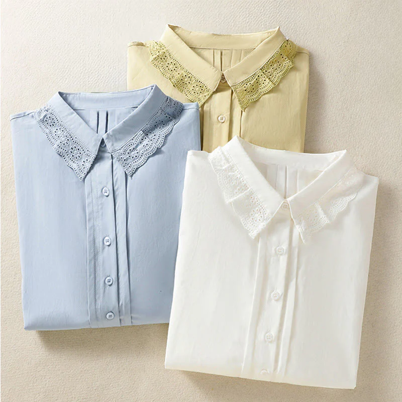 Buddha Stones Camicia casual da donna in cotone con revers in pizzo e maniche lunghe - Image 29