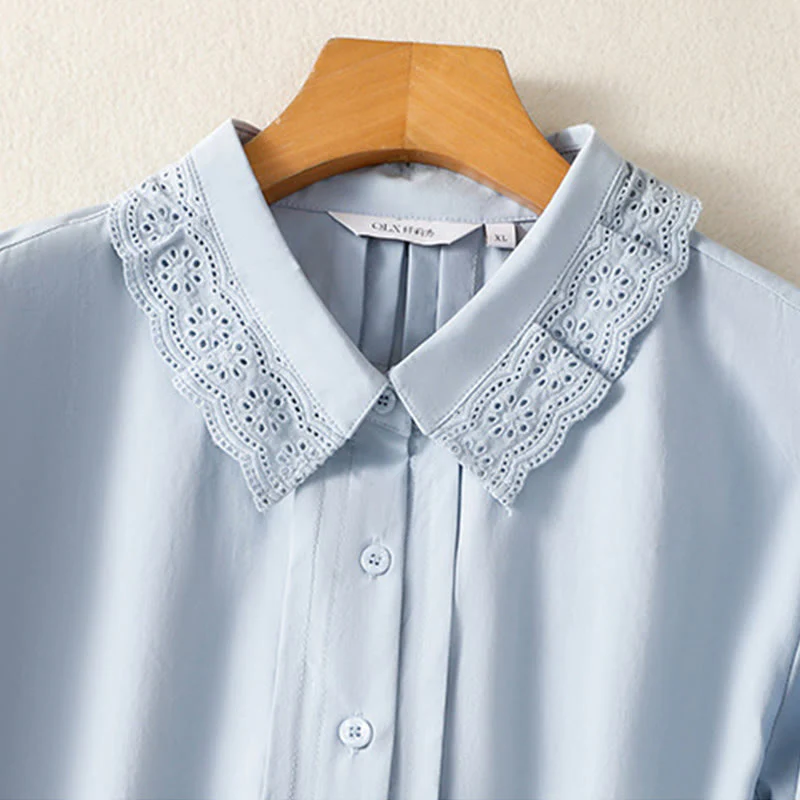 Buddha Stones Camicia casual da donna in cotone con revers in pizzo e maniche lunghe - Image 3