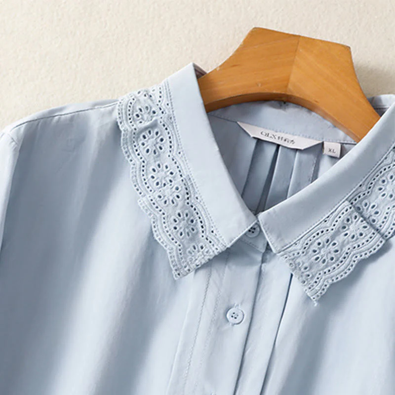Buddha Stones Camicia casual da donna in cotone con revers in pizzo e maniche lunghe - Image 5