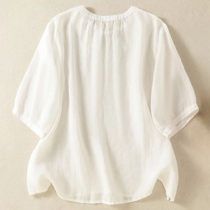 Buddha Stones Camicia da donna a maniche corte con colletto a tacca e motivo floreale con ricami estivi - Image 12