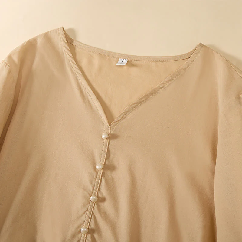 Buddha Stones Camicia da donna a maniche corte con scollo a V, tinta unita, design con bottoni decorativi - Image 4