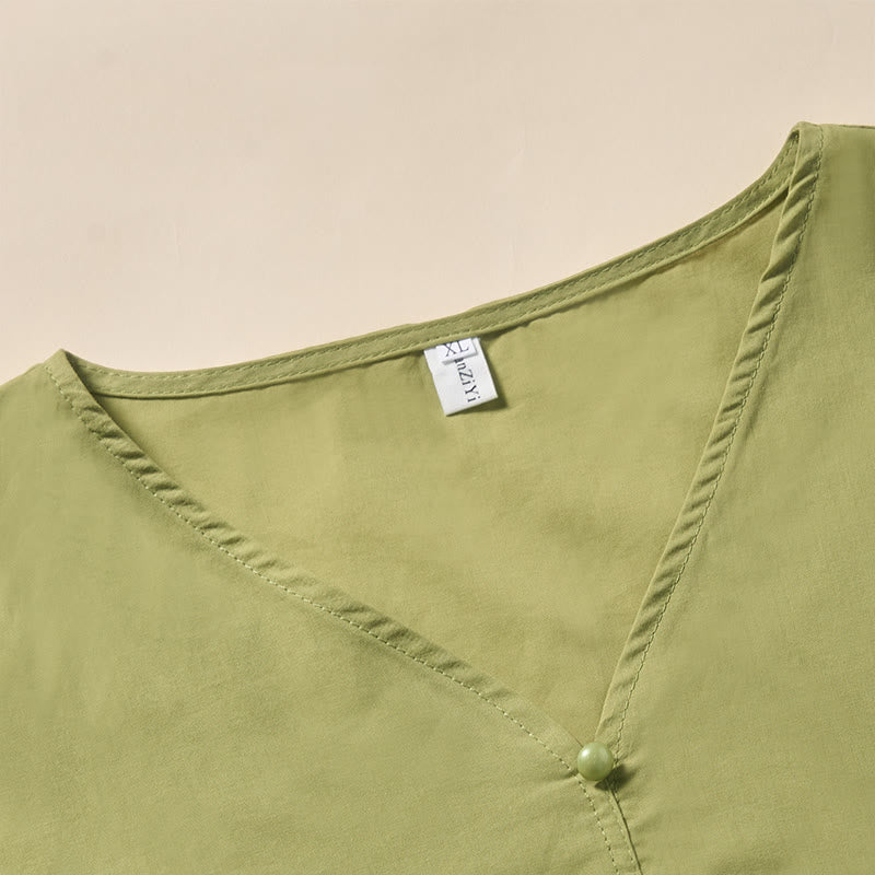 Buddha Stones Camicia da donna a maniche corte con scollo a V, tinta unita, design con bottoni decorativi - Image 9