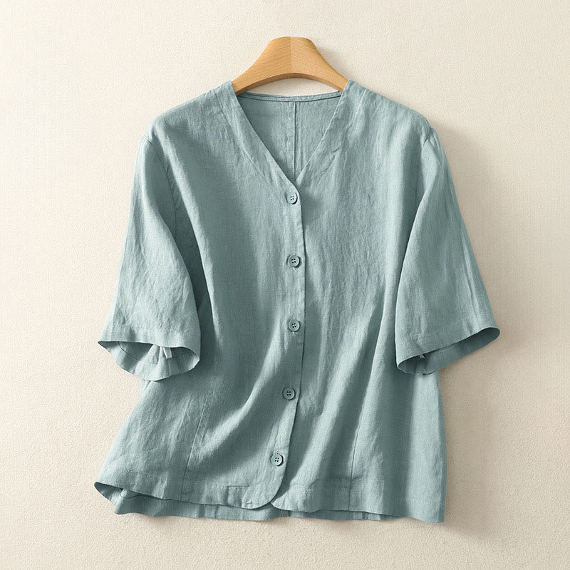 Buddha Stones Camicia da donna a maniche corte con scollo a V, tinta unita, design semplice, bottoni