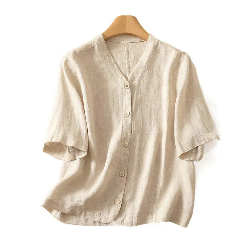 Buddha Stones Camicia da donna a maniche corte con scollo a V, tinta unita, design semplice, bottoni - Image 14