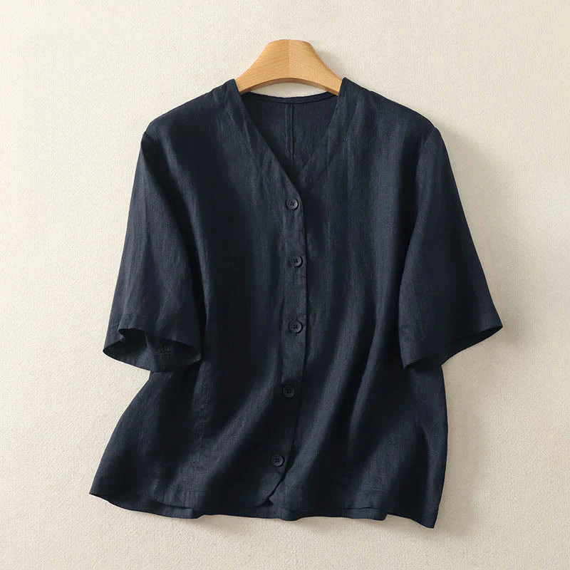 Buddha Stones Camicia da donna a maniche corte con scollo a V, tinta unita, design semplice, bottoni - Image 15
