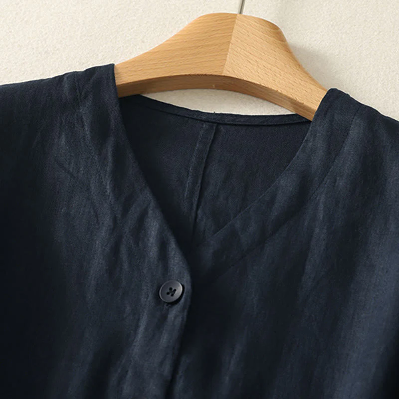 Buddha Stones Camicia da donna a maniche corte con scollo a V, tinta unita, design semplice, bottoni - Image 16
