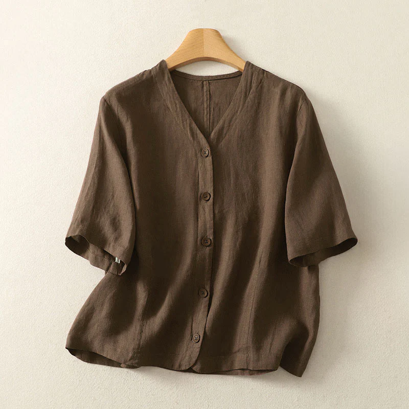Buddha Stones Camicia da donna a maniche corte con scollo a V, tinta unita, design semplice, bottoni - Image 19