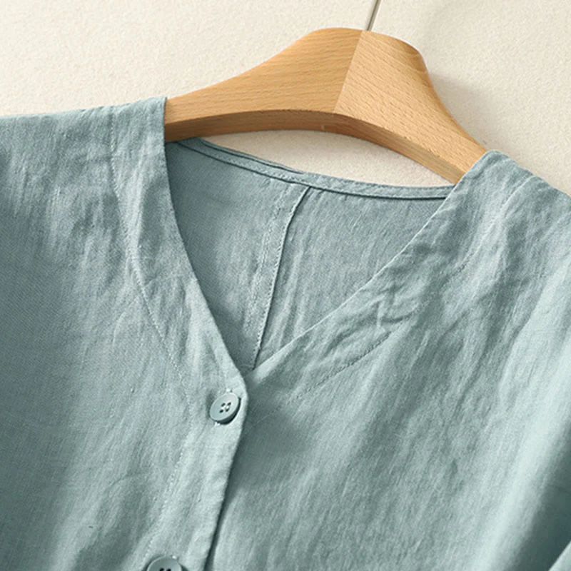 Buddha Stones Camicia da donna a maniche corte con scollo a V, tinta unita, design semplice, bottoni - Image 2