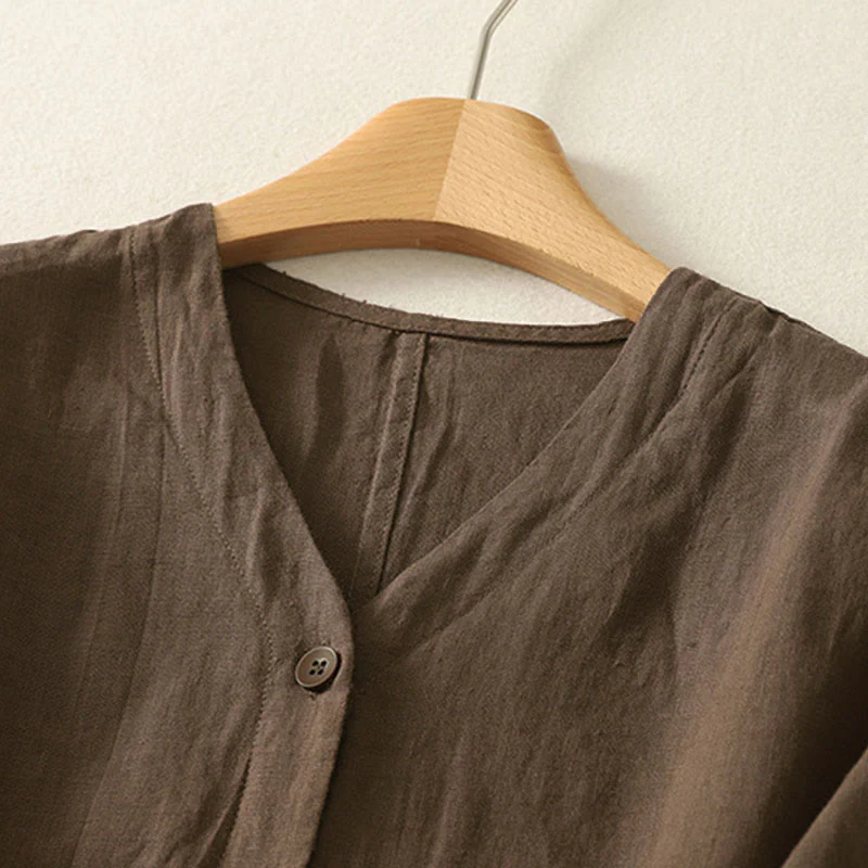 Buddha Stones Camicia da donna a maniche corte con scollo a V, tinta unita, design semplice, bottoni - Image 20