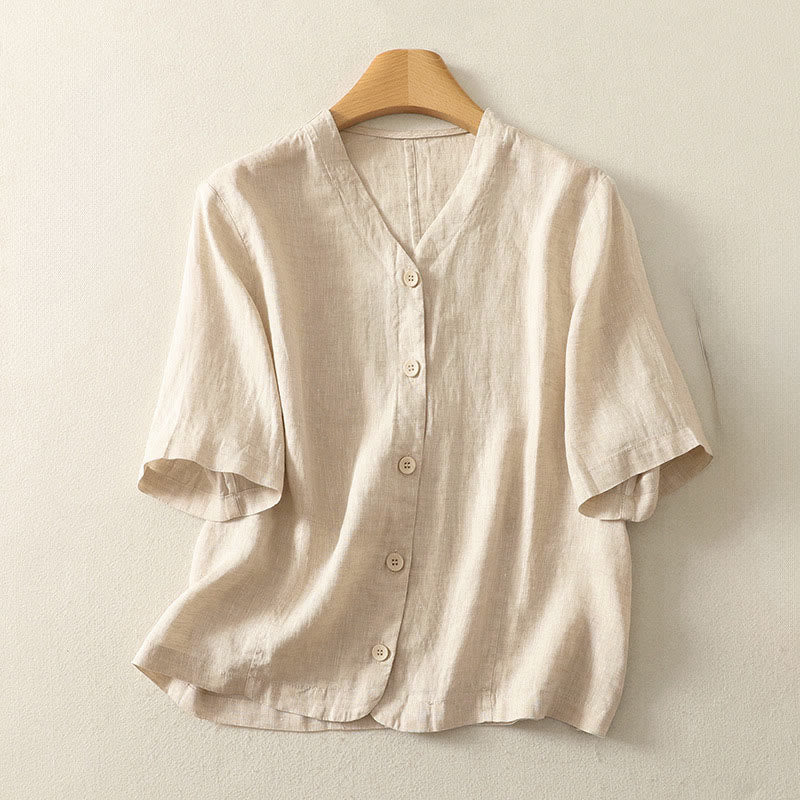 Buddha Stones Camicia da donna a maniche corte con scollo a V, tinta unita, design semplice, bottoni - Image 5