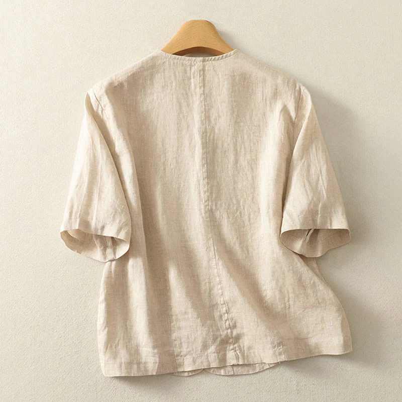 Buddha Stones Camicia da donna a maniche corte con scollo a V, tinta unita, design semplice, bottoni - Image 6