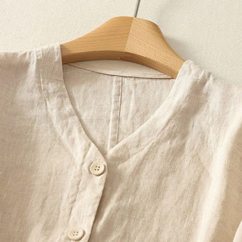 Buddha Stones Camicia da donna a maniche corte con scollo a V, tinta unita, design semplice, bottoni - Image 7