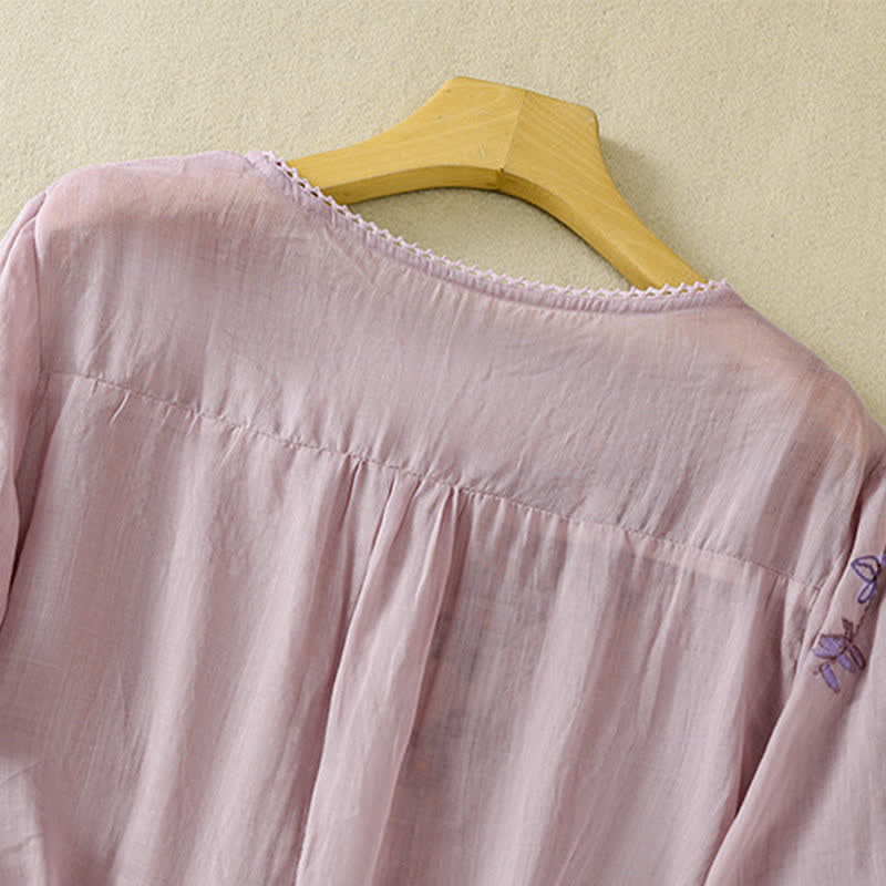 Buddha Stones Camicia da donna a maniche corte con scollo rotondo e ricamo floreale in stile retrò. - Image 26