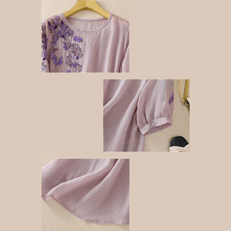Buddha Stones Camicia da donna a maniche corte con scollo rotondo e ricamo floreale in stile retrò. - Image 30