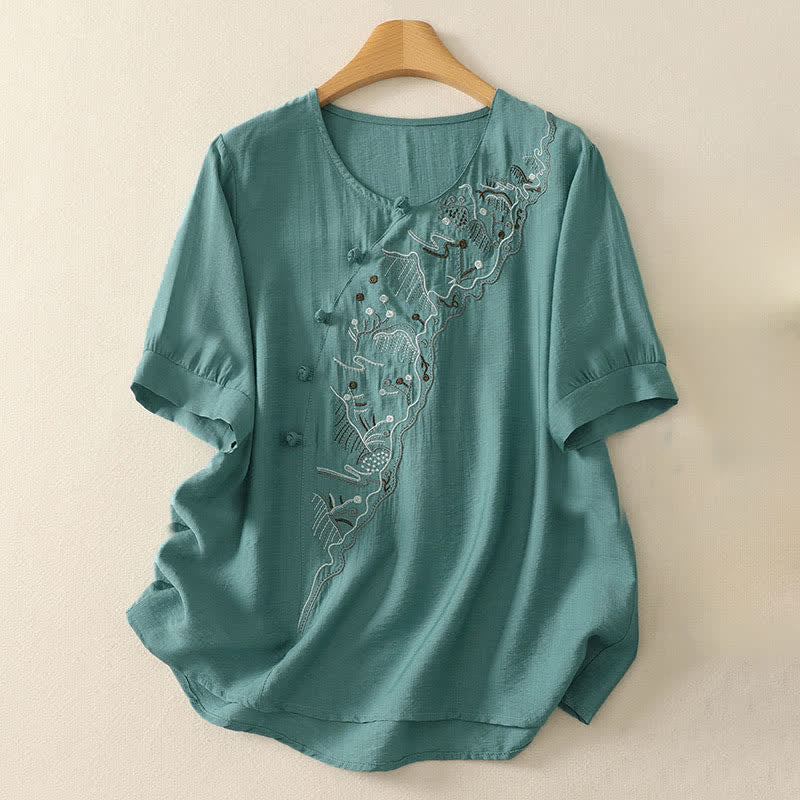 Buddha Stones Camicia da donna a maniche corte con scollo rotondo e ricamo "Summer Mountain".