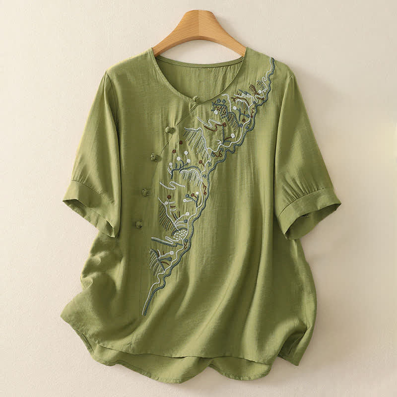 Buddha Stones Camicia da donna a maniche corte con scollo rotondo e ricamo "Summer Mountain". - Image 11