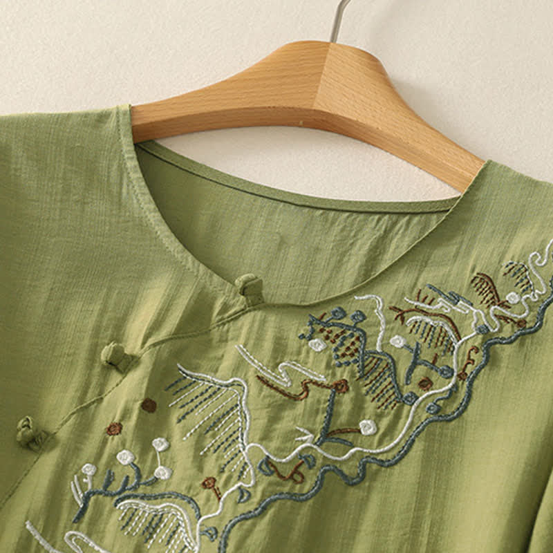 Buddha Stones Camicia da donna a maniche corte con scollo rotondo e ricamo "Summer Mountain". - Image 12
