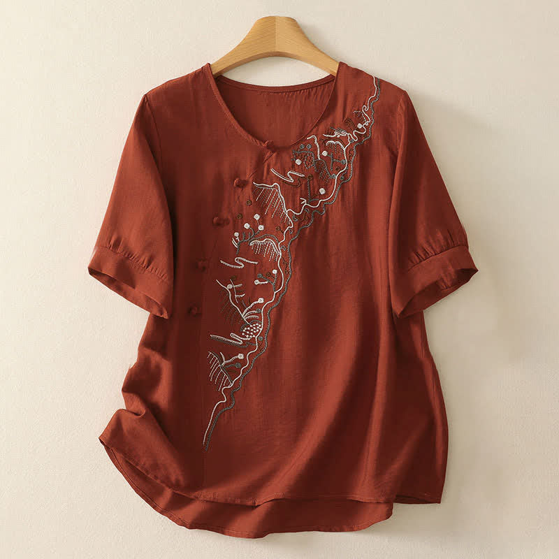 Buddha Stones Camicia da donna a maniche corte con scollo rotondo e ricamo "Summer Mountain". - Image 16