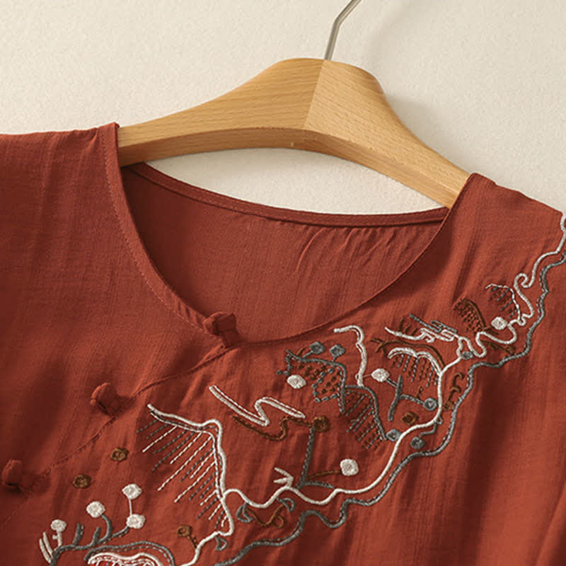 Buddha Stones Camicia da donna a maniche corte con scollo rotondo e ricamo "Summer Mountain". - Image 17