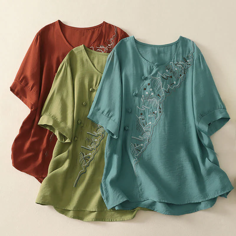 Buddha Stones Camicia da donna a maniche corte con scollo rotondo e ricamo "Summer Mountain". - Image 21
