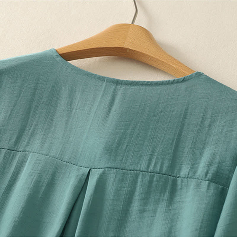 Buddha Stones Camicia da donna a maniche corte con scollo rotondo e ricamo "Summer Mountain". - Image 4