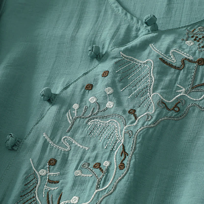 Buddha Stones Camicia da donna a maniche corte con scollo rotondo e ricamo "Summer Mountain". - Image 5