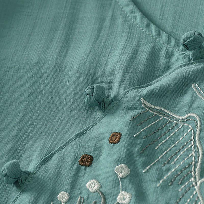 Buddha Stones Camicia da donna a maniche corte con scollo rotondo e ricamo "Summer Mountain". - Image 6
