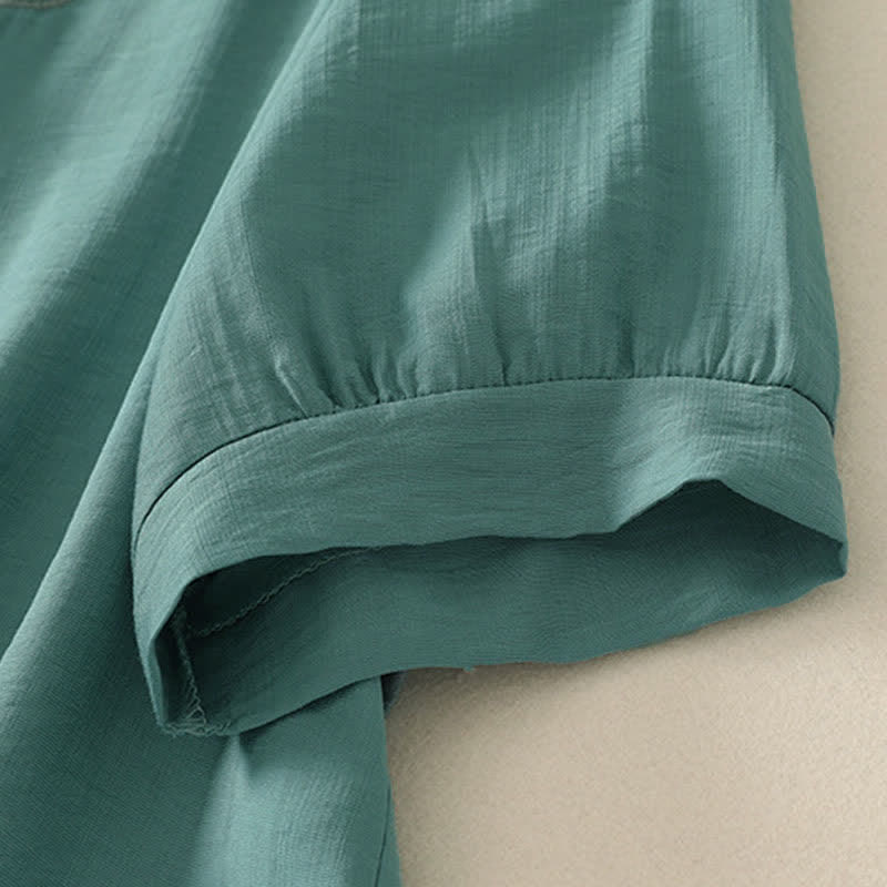 Buddha Stones Camicia da donna a maniche corte con scollo rotondo e ricamo "Summer Mountain". - Image 7