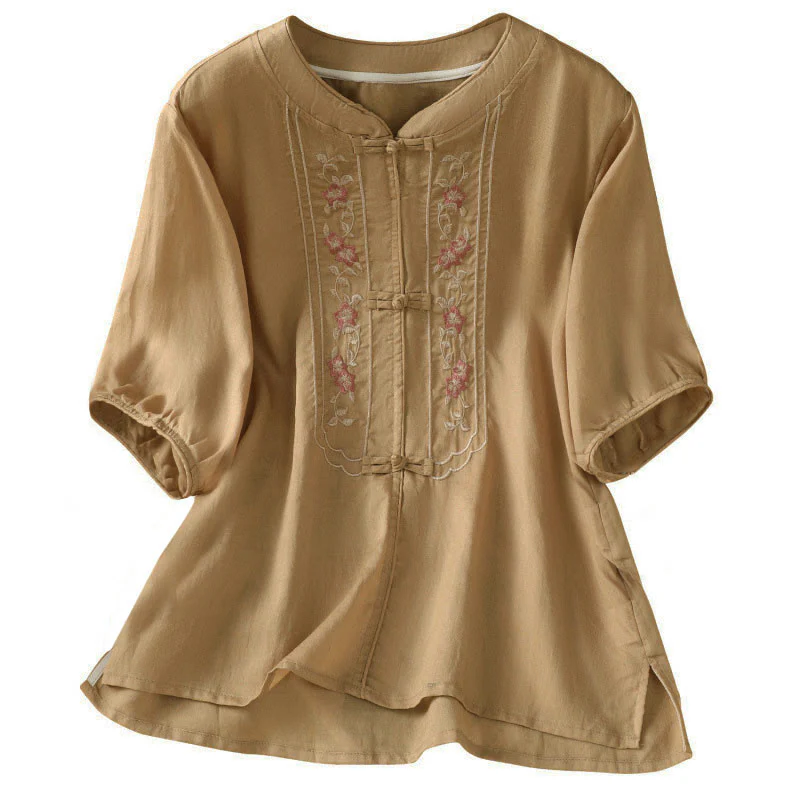 Camicia da donna con colletto rialzato, Buddha Stones , fiori ricamati, polsini elastici, maniche a tre quarti - Image 14