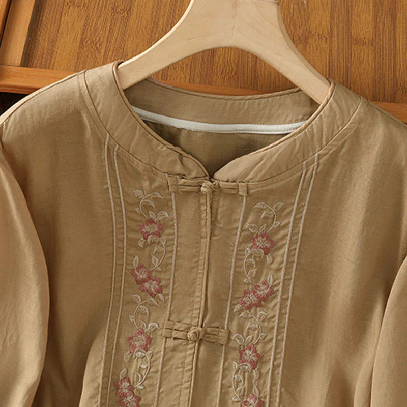 Camicia da donna con colletto rialzato, Buddha Stones , fiori ricamati, polsini elastici, maniche a tre quarti - Image 9