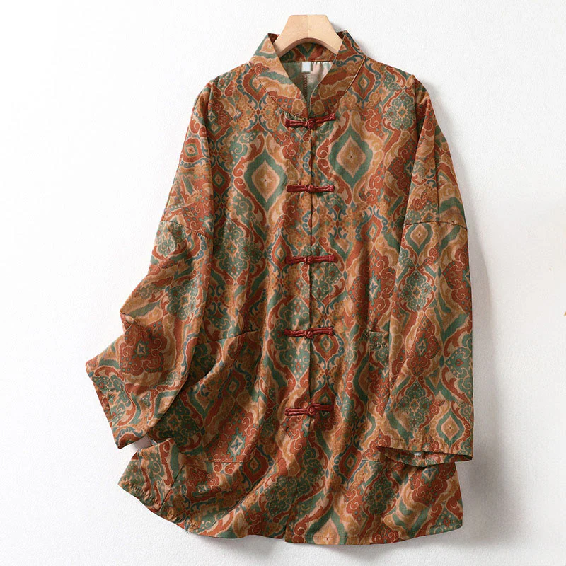 Buddha Stones Camicia da donna con colletto rialzato, maniche lunghe, bottoni cinesi e tasche, stampata