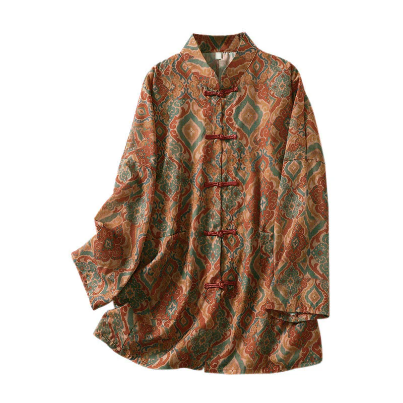 Buddha Stones Camicia da donna con colletto rialzato, maniche lunghe, bottoni cinesi e tasche, stampata - Image 12