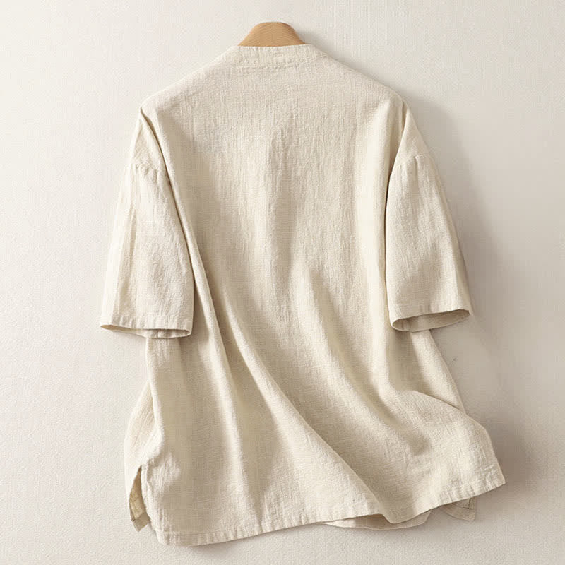 Buddha Stones Camicia da donna estiva a maniche corte in cotone con colletto alla coreana e bottoni. - Image 7