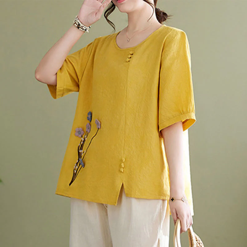 Buddha Stones Camicia da donna in cotone a maniche corte con scollo rotondo e motivo floreale tridimensionale - Image 11
