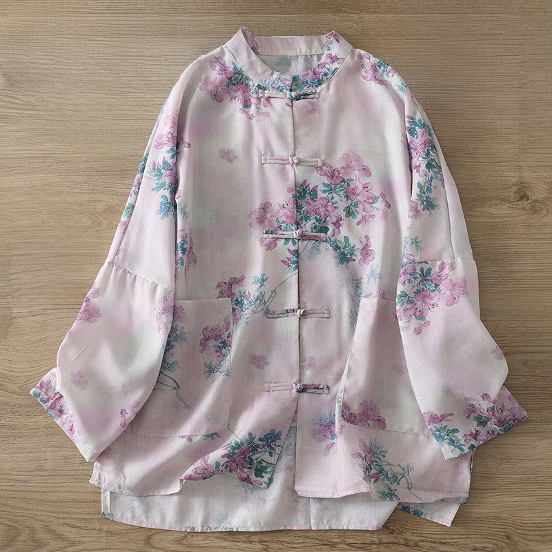 Buddha Stones Camicia da donna in cotone a maniche lunghe con stampa floreale viola autunnale e foglie verdi, bottoni a rana e colletto rialzato