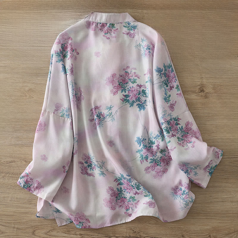 Buddha Stones Camicia da donna in cotone a maniche lunghe con stampa floreale viola autunnale e foglie verdi, bottoni a rana e colletto rialzato - Image 2