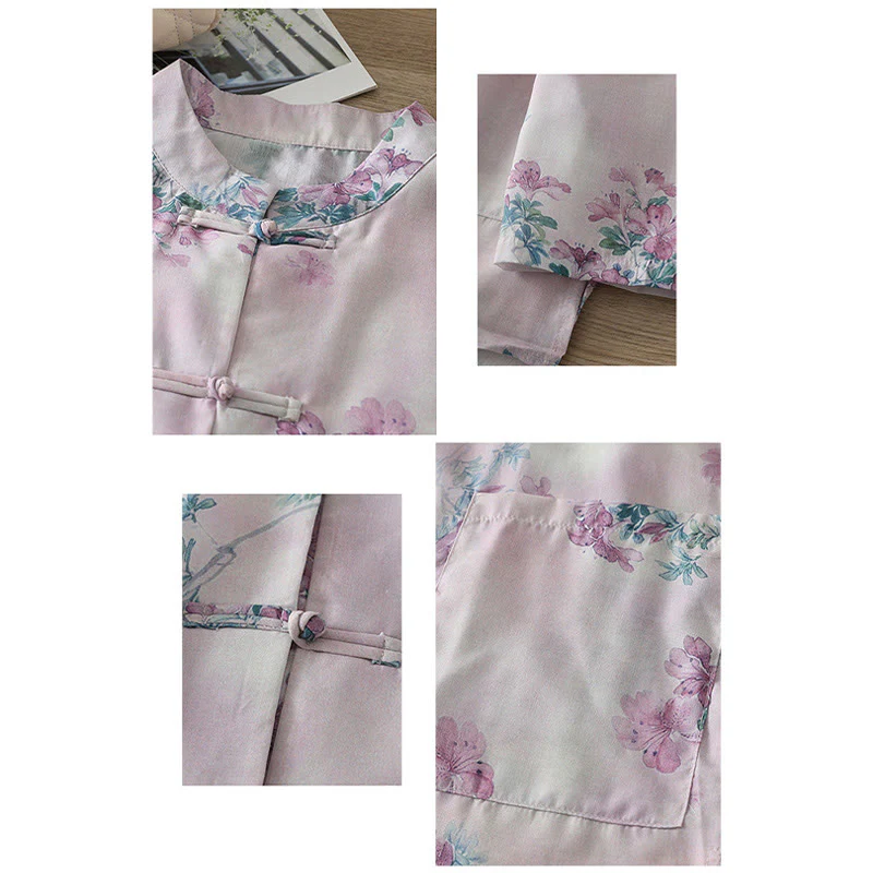 Buddha Stones Camicia da donna in cotone a maniche lunghe con stampa floreale viola autunnale e foglie verdi, bottoni a rana e colletto rialzato - Image 3