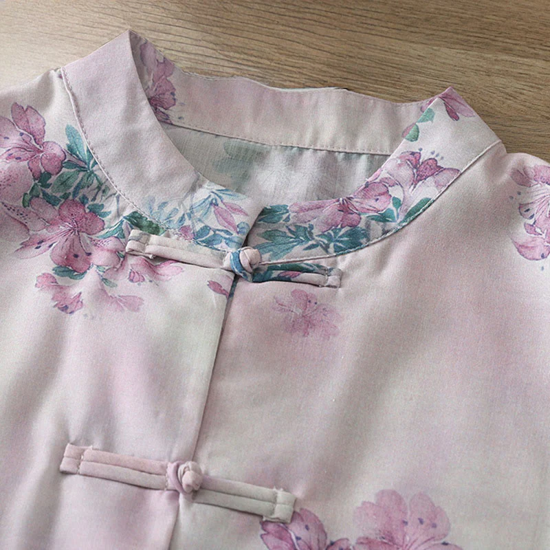 Buddha Stones Camicia da donna in cotone a maniche lunghe con stampa floreale viola autunnale e foglie verdi, bottoni a rana e colletto rialzato - Image 4