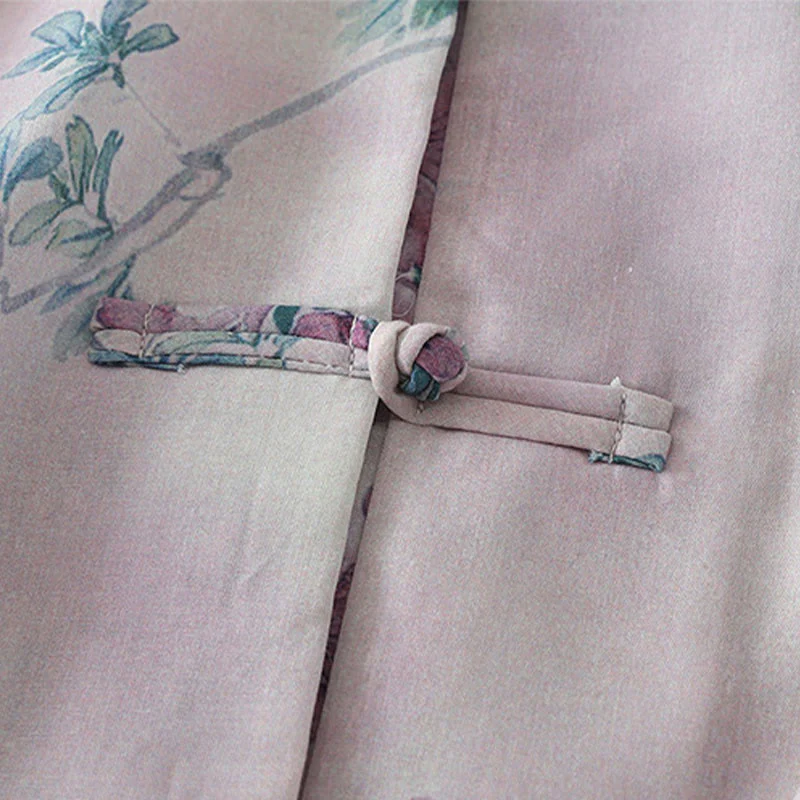 Buddha Stones Camicia da donna in cotone a maniche lunghe con stampa floreale viola autunnale e foglie verdi, bottoni a rana e colletto rialzato - Image 6