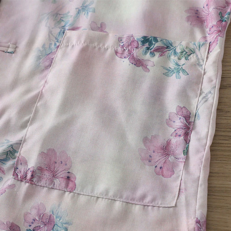 Buddha Stones Camicia da donna in cotone a maniche lunghe con stampa floreale viola autunnale e foglie verdi, bottoni a rana e colletto rialzato - Image 7