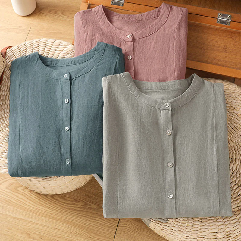 Buddha Stones Camicia da donna in cotone con bottoni, a maniche lunghe, modello patchwork semplice, stile pendolarismo autunnale - Image 27