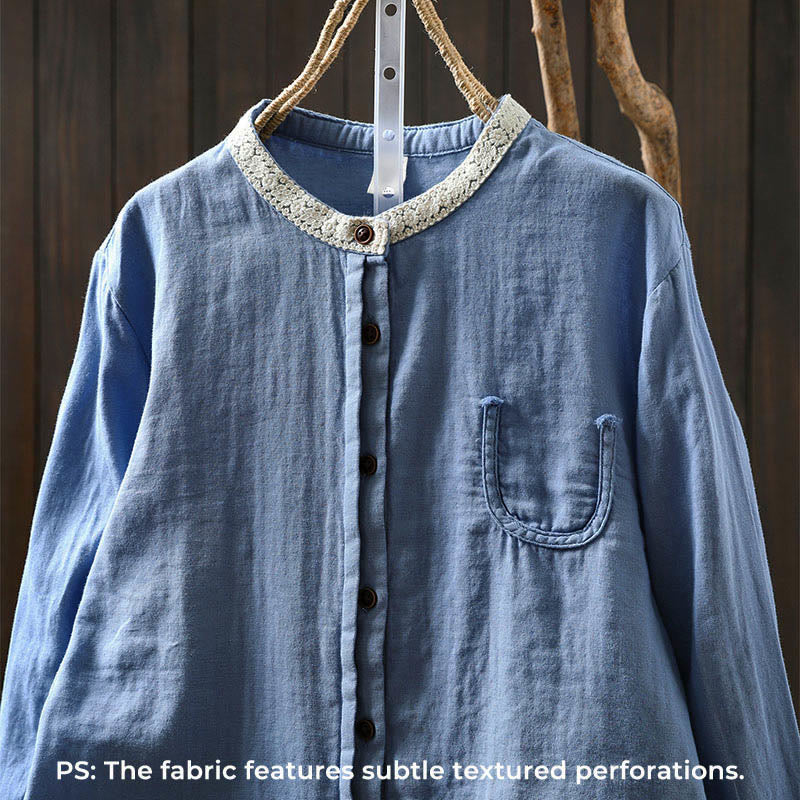 Buddha Stones Camicia da donna in cotone con colletto in pizzo, manica lunga, abbottonata, primavera-autunno - Image 2