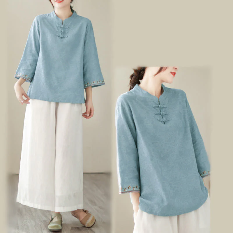 Camicia da donna in cotone con colletto rialzato, maniche a tre quarti ricamate, bottoni a rana in jacquard Buddha Stones - Image 13