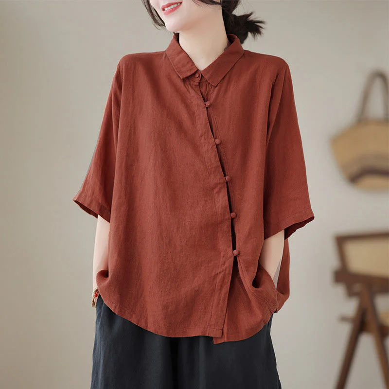 Buddha Stones Camicia da donna in cotone con maniche a tre quarti, bottoni a rana sul risvolto e abbottonatura diagonale