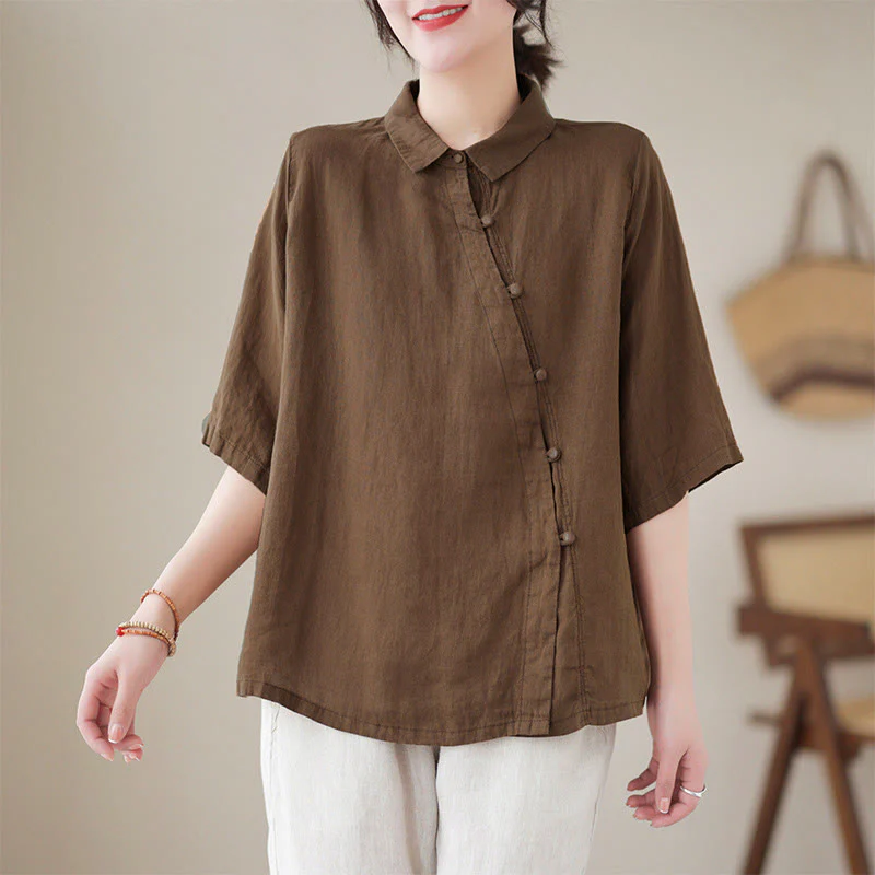 Buddha Stones Camicia da donna in cotone con maniche a tre quarti, bottoni a rana sul risvolto e abbottonatura diagonale - Image 14