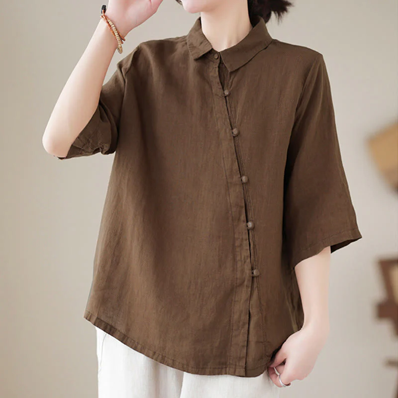 Buddha Stones Camicia da donna in cotone con maniche a tre quarti, bottoni a rana sul risvolto e abbottonatura diagonale - Image 15
