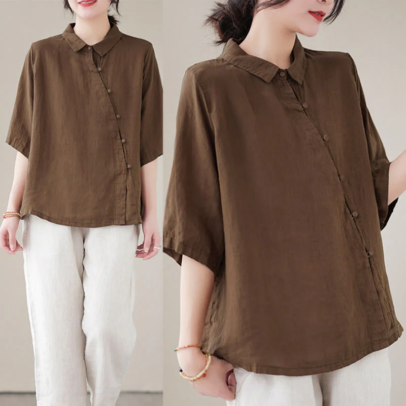 Buddha Stones Camicia da donna in cotone con maniche a tre quarti, bottoni a rana sul risvolto e abbottonatura diagonale - Image 18
