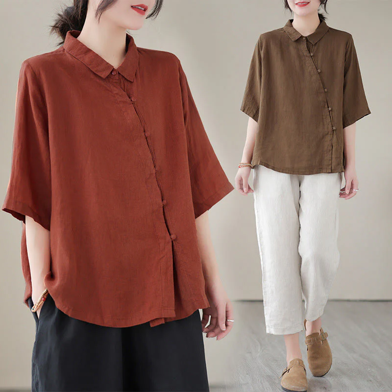 Buddha Stones Camicia da donna in cotone con maniche a tre quarti, bottoni a rana sul risvolto e abbottonatura diagonale - Image 19
