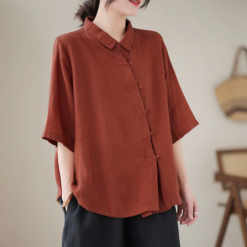 Buddha Stones Camicia da donna in cotone con maniche a tre quarti, bottoni a rana sul risvolto e abbottonatura diagonale - Image 3