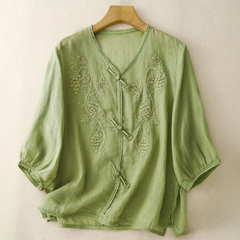 Buddha Stones Camicia da donna in cotone con maniche a tre quarti, motivo a uva ricamata, design in pizzo e bottoni a rana
